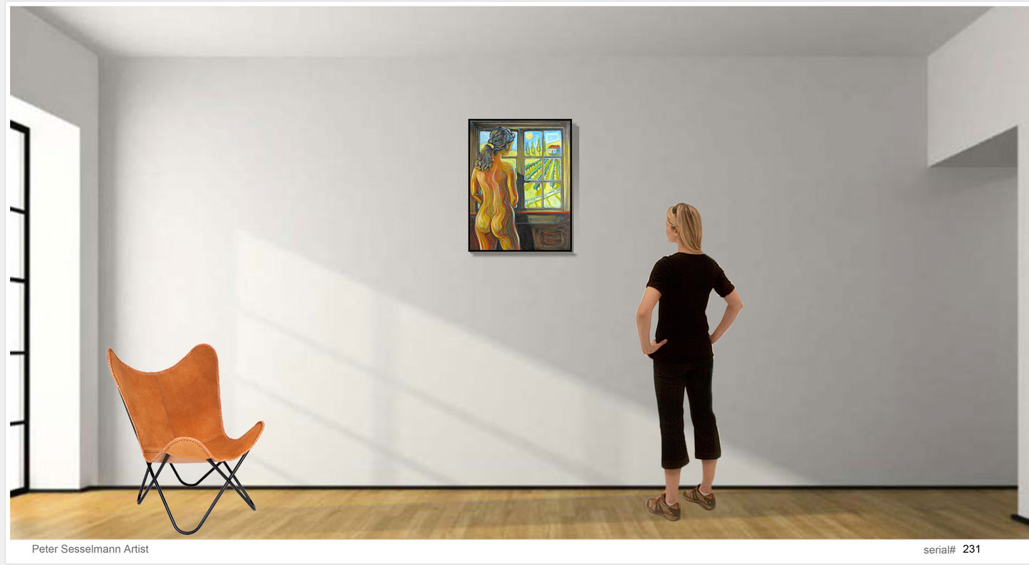 Figure by vineyard window