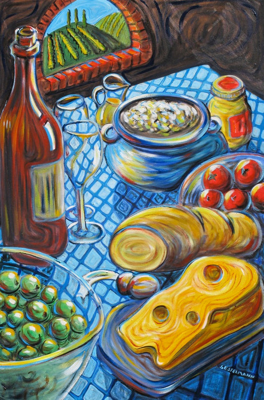 Original painting of Wine. bread. olives and cheese etc...