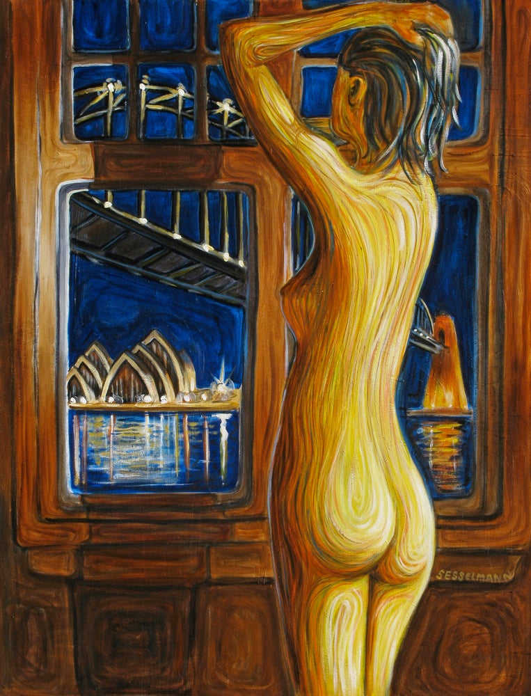Original painting of Figure by window Sydney Harbour