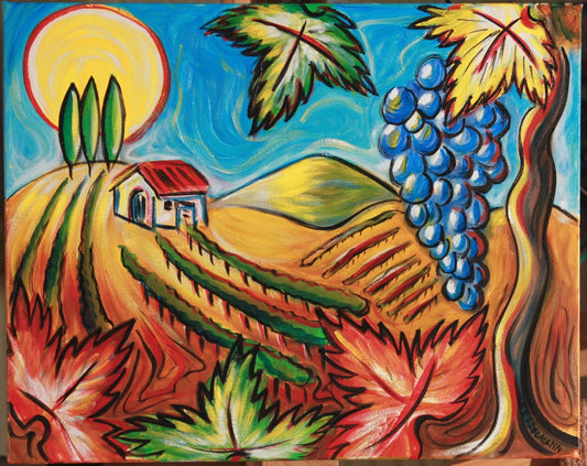 Original painting of sun over vineyard2