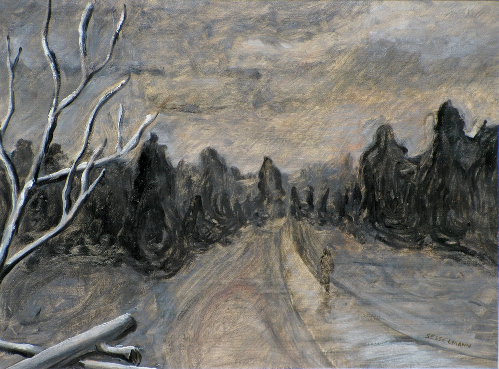 Original painting of Stormy country road