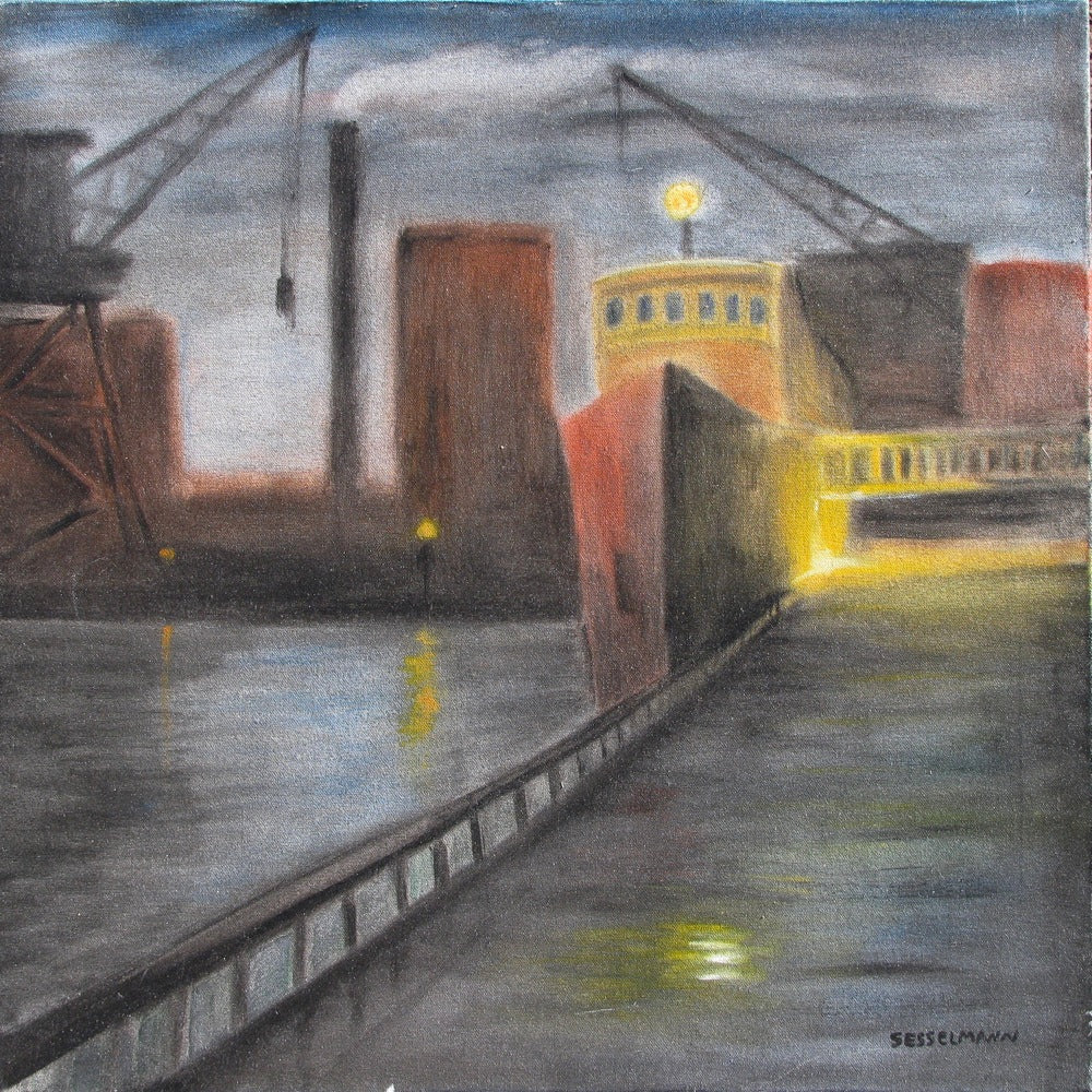 Original painting of Ship yard Late night unloading.