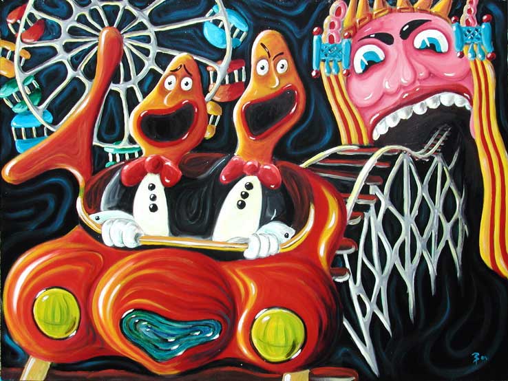 Original painting of Luna park after dark Crooners in rollercoaster