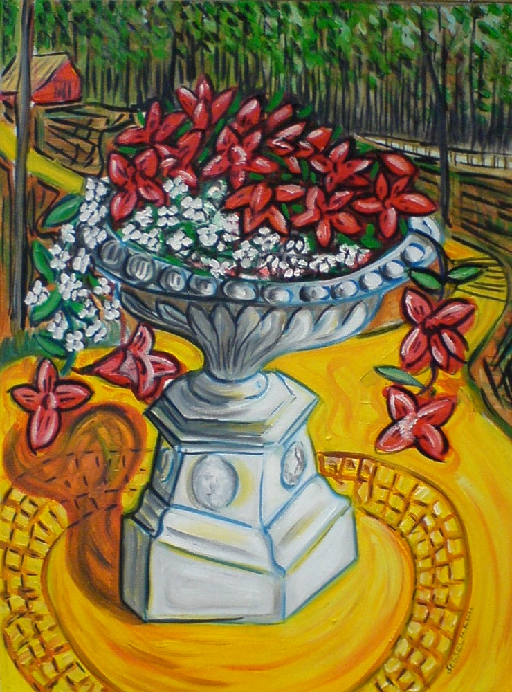 Original painting of Red flowers in driveway