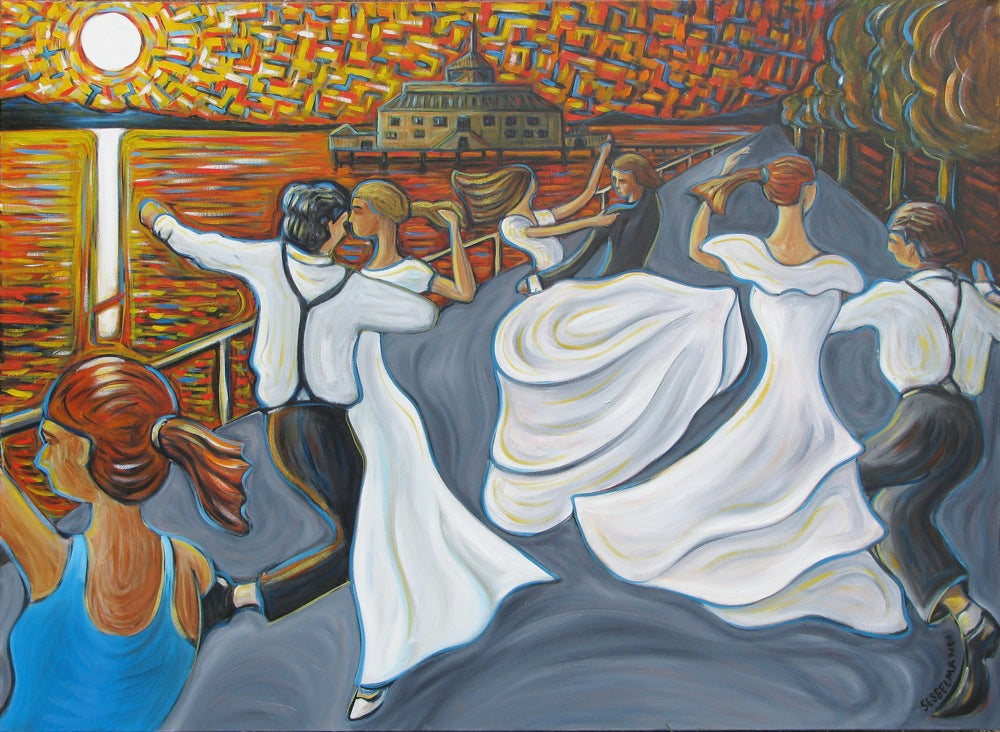 Original painting of Wedding dance on the pier  3 brides