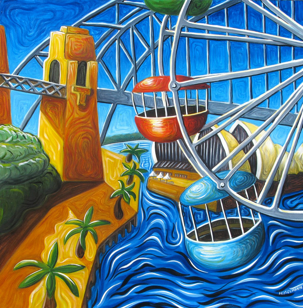 Original painting of Sydney Harbour through ferris wheel at Luna Park