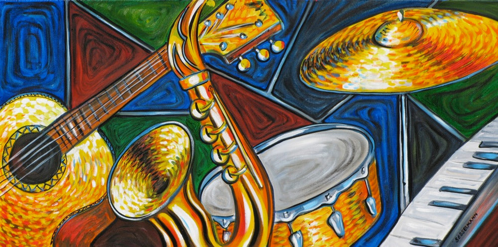 Original painting of Guitar.Horns and drums