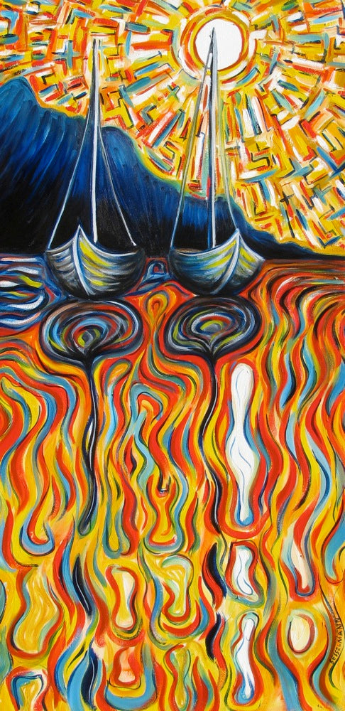 Original painting of Sailing boats at sunset