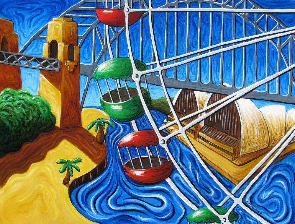 Original painting of Opera House and Bridge through Ferris Wheel
