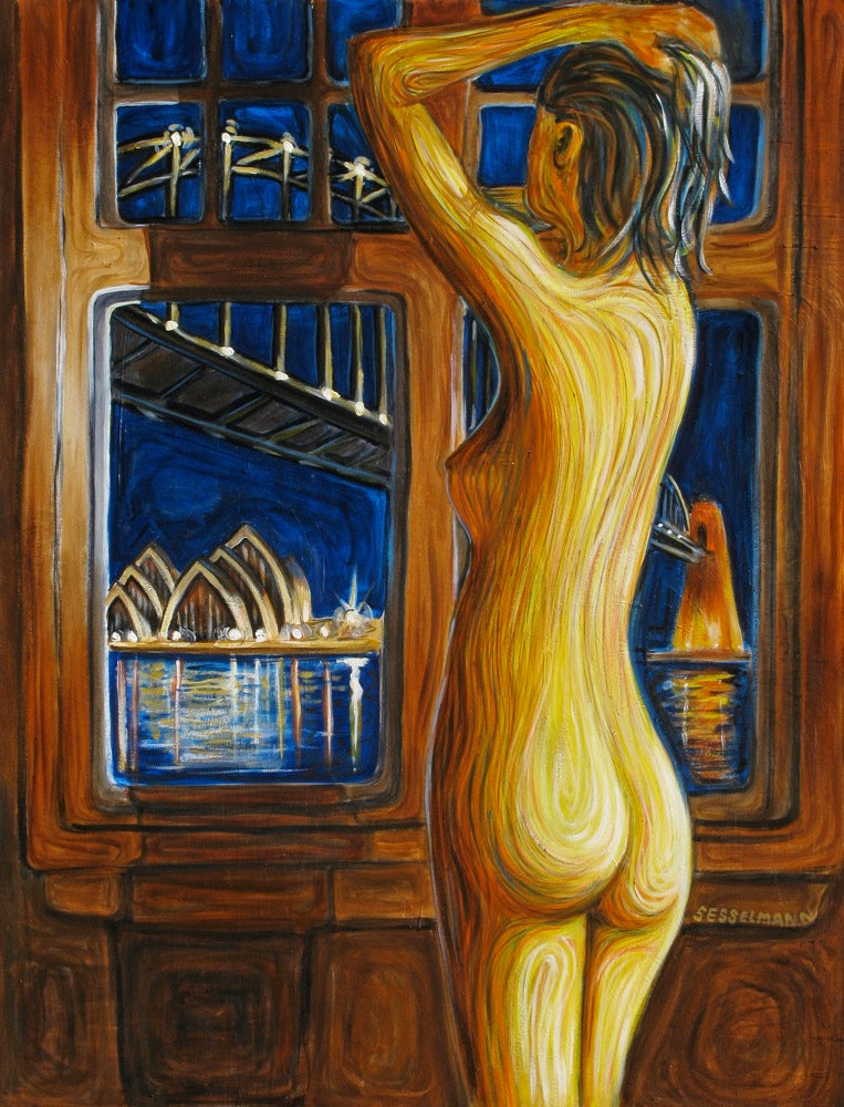 Original painting of Figure by window  Sydney Harbour