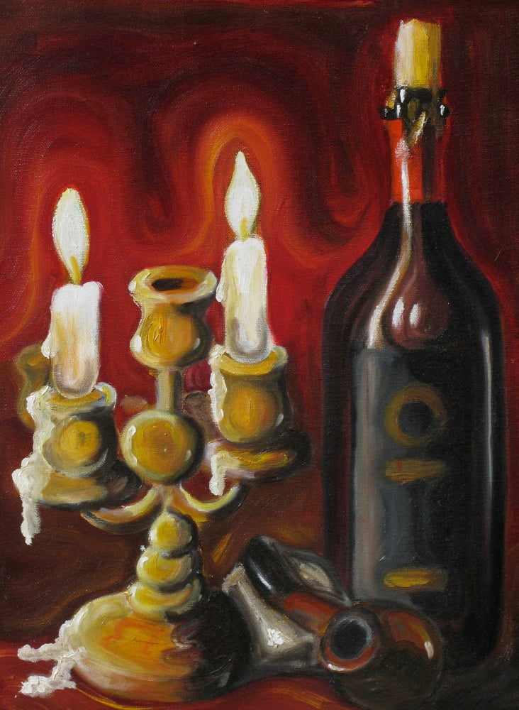 Original painting of Still life “Wine. Candle and pipe”