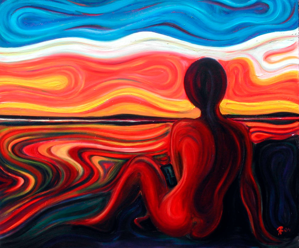 Original painting of Figure at sunset by water