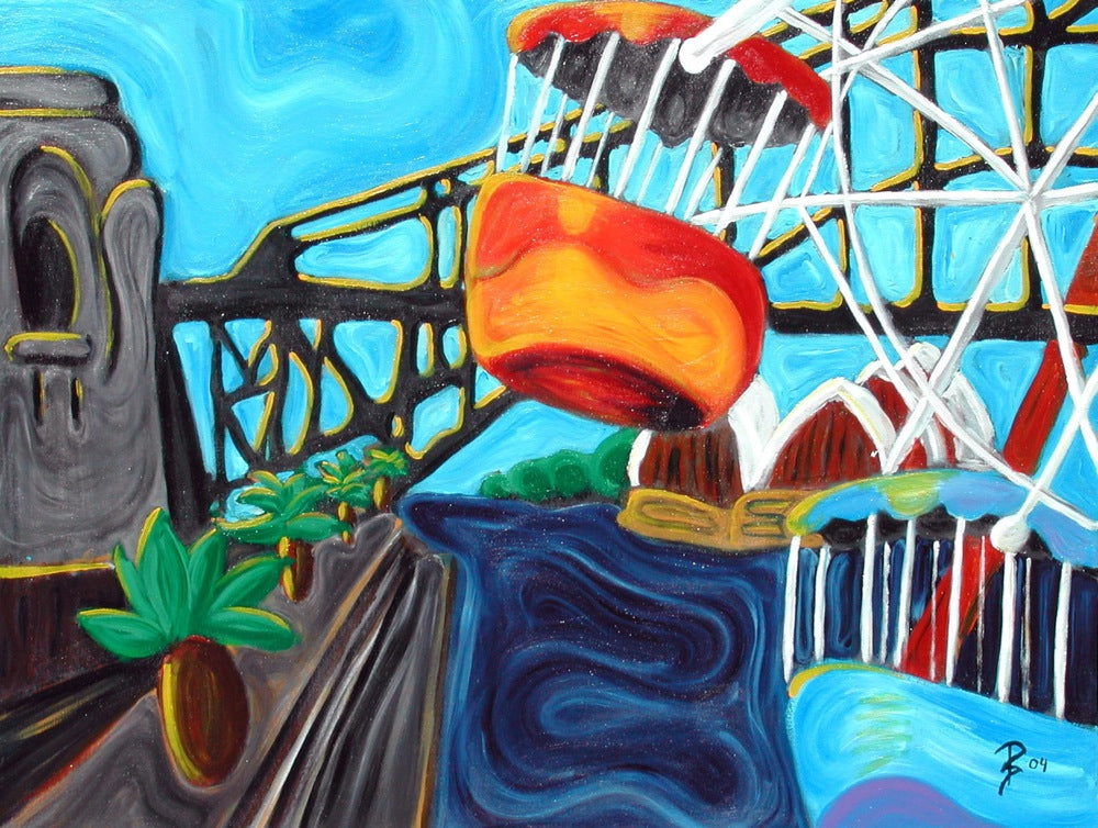 Original painting of Ferris wheel and bridge