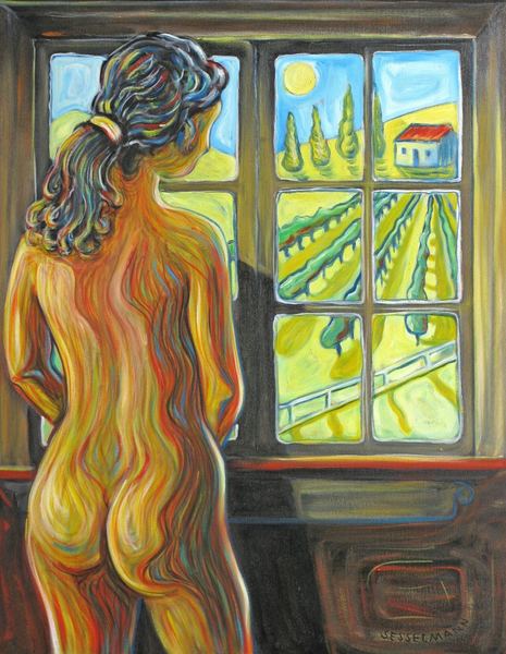Figure by vineyard window