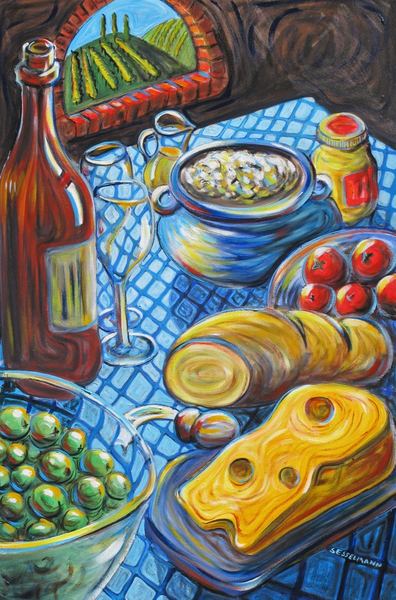 Wine. bread. olives and cheese etc...