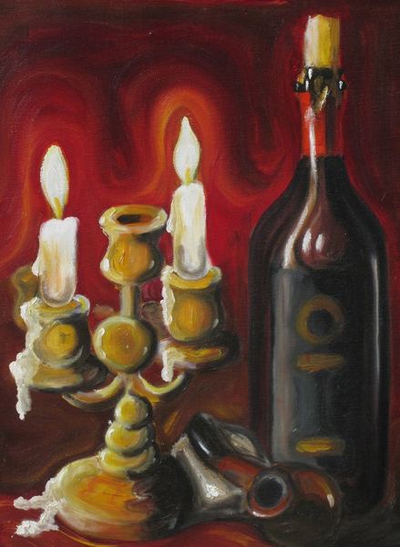 Still life “Wine. Candle and pipe”